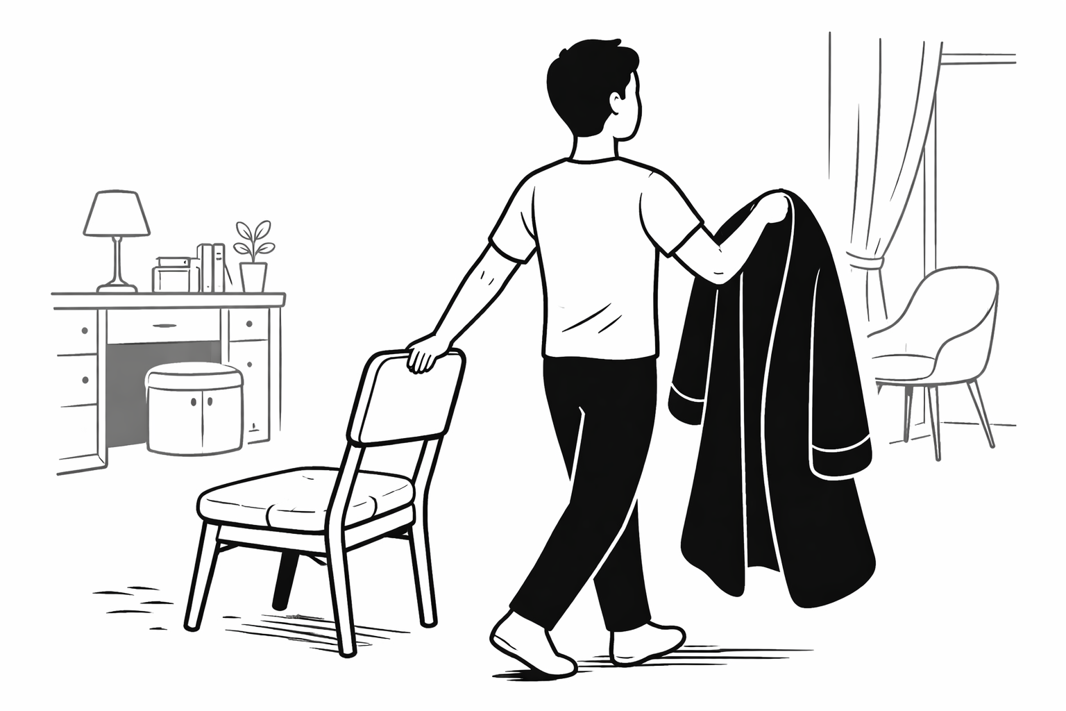 Red dressing gown triggering a chain of household upgrades