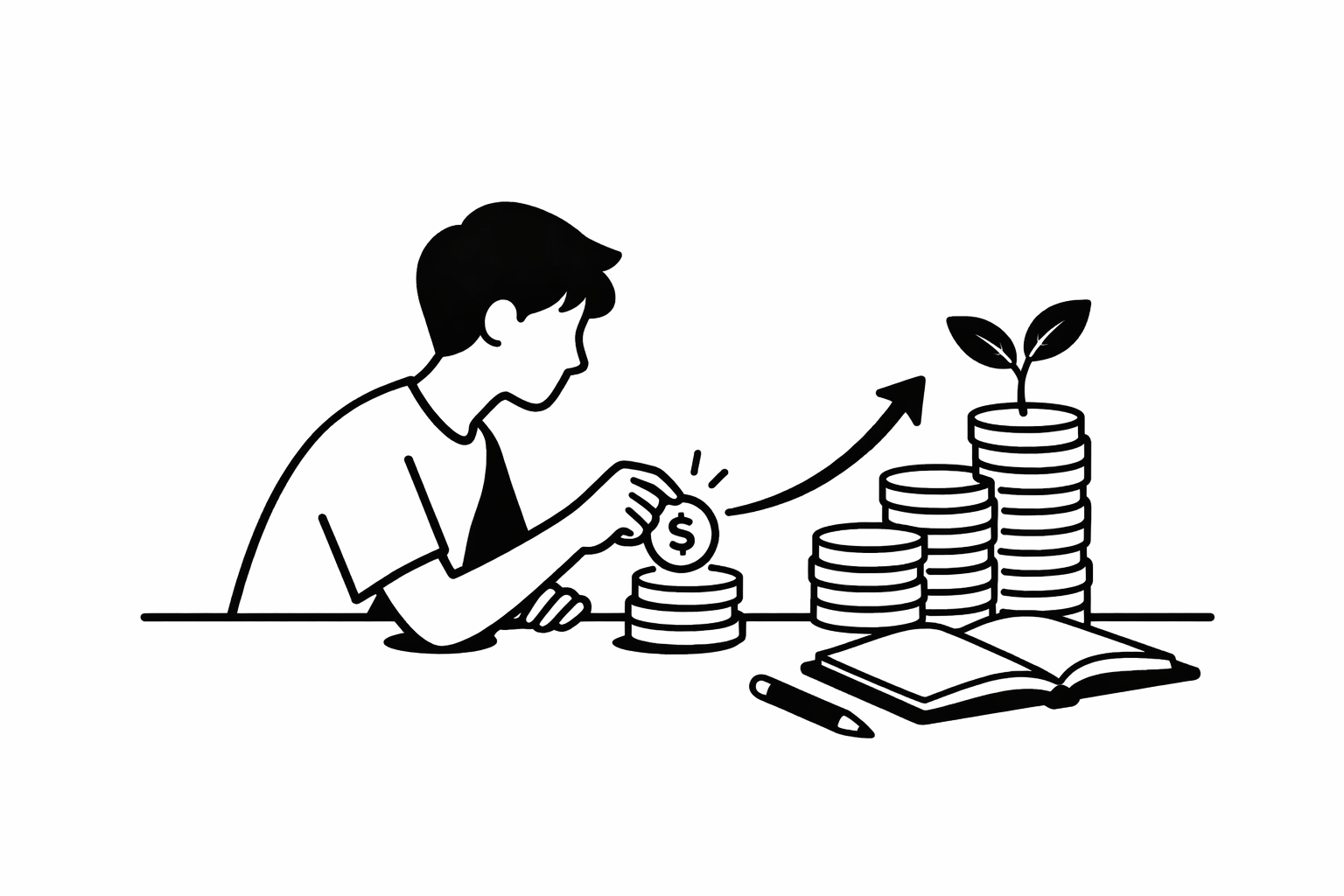 Notebook with a growth chart and first investing notes